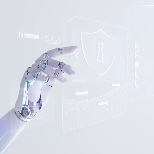Een AI-robot die een schild aanraakt die cyberbeveiliging voorstelt.
